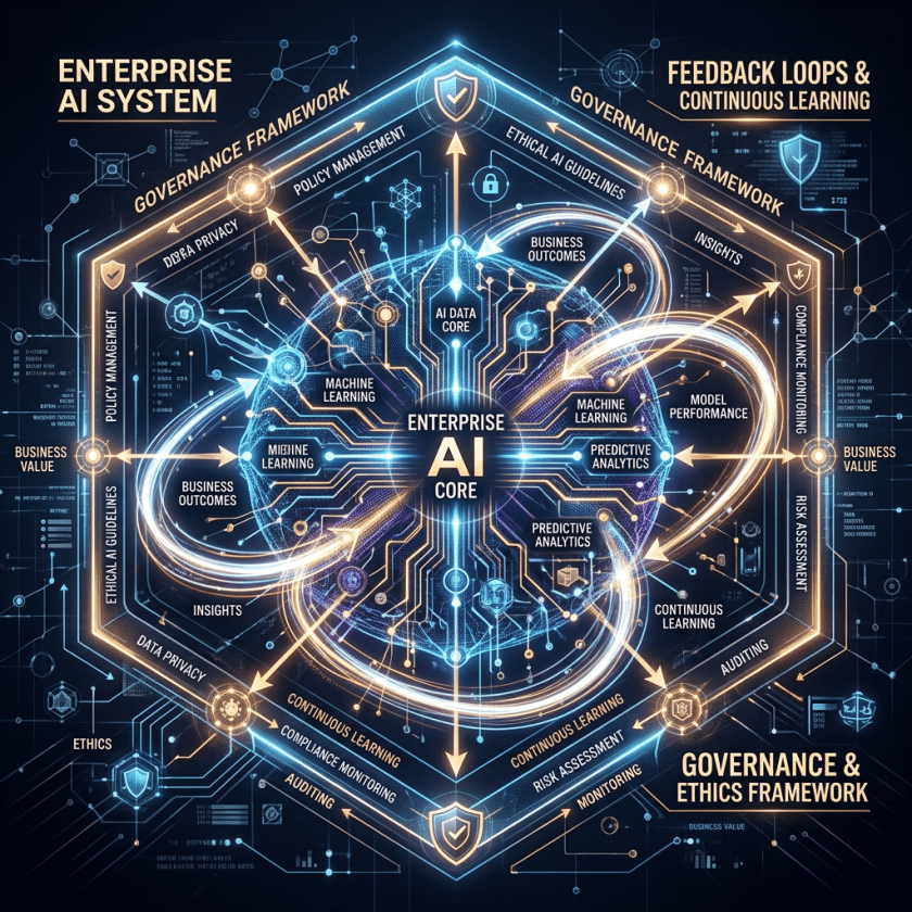 Diagram of enterprise AI core with governance and ethics framework, showing continuous learning, machine learning, predictive analytics, policy management, and compliance monitoring.