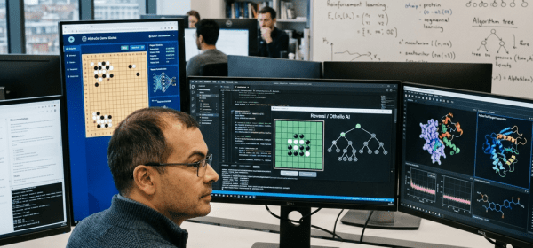 Researcher analyzing AI game algorithms and protein structures on multiple monitors