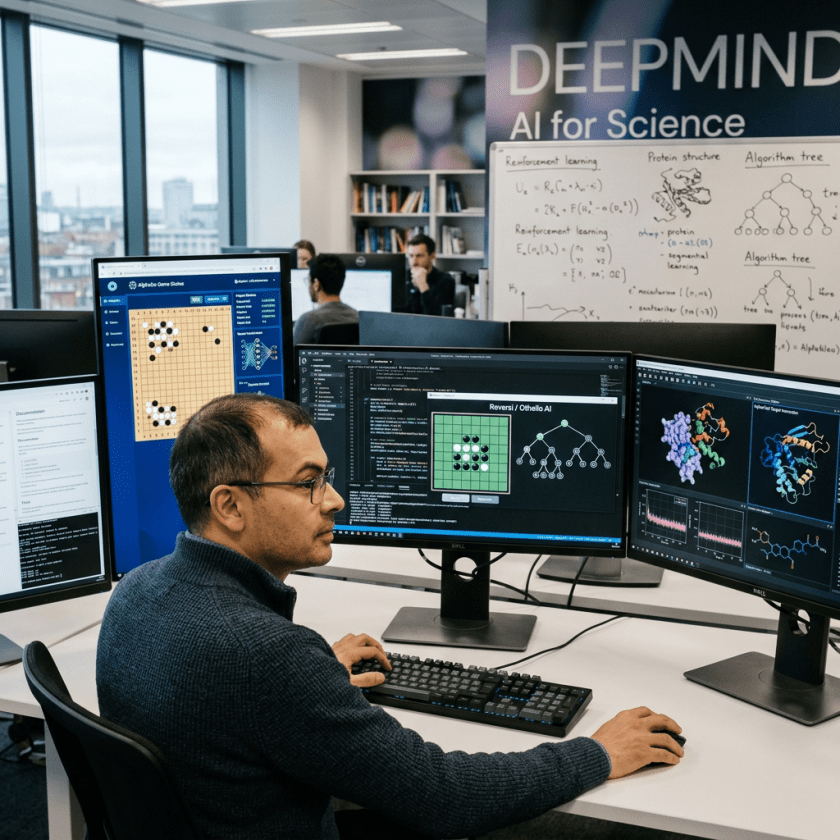 Researcher analyzing AI game algorithms and protein structures on multiple monitors
