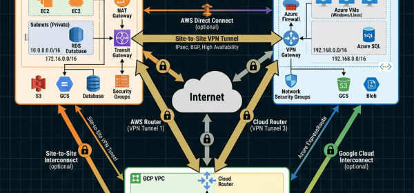 Multicloud network architecture diagram showing AWS VPC, Azure Virtual Network, and GCP VPC interconnected via site-to-site VPN tunnels, direct connects, and cloud routers with services like EC2, Azure VMs, SQL databases, and storage.