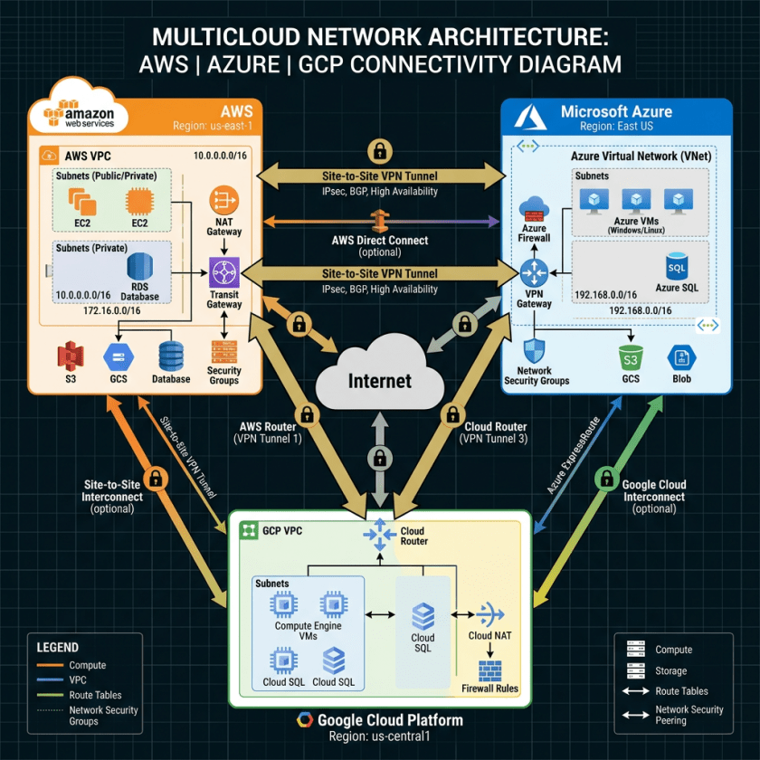 Multicloud network architecture diagram showing AWS VPC, Azure Virtual Network, and GCP VPC interconnected via site-to-site VPN tunnels, direct connects, and cloud routers with services like EC2, Azure VMs, SQL databases, and storage.