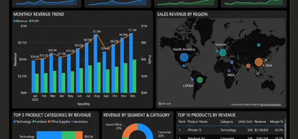 Dashboard displaying global sales performance with revenue, units sold, new customers, net profit, monthly revenue chart, sales by region, top product categories, revenue by segment, sub-category performance, and top 10 products by revenue.