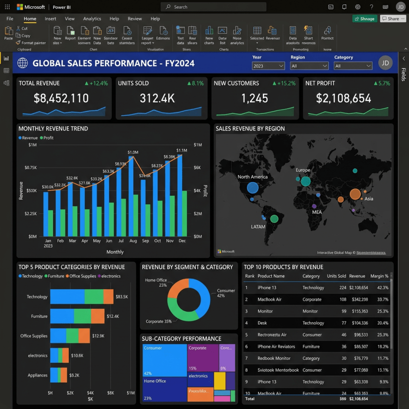 Dashboard displaying global sales performance with revenue, units sold, new customers, net profit, monthly revenue chart, sales by region, top product categories, revenue by segment, sub-category performance, and top 10 products by revenue.