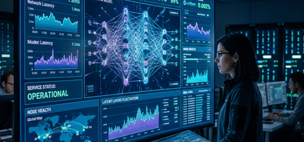 Scientist interacting with a digital dashboard displaying AI infrastructure metrics and neural network model visuals