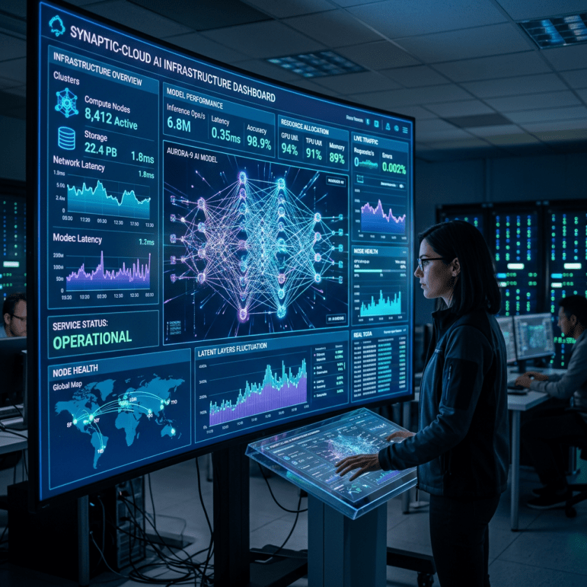 Scientist interacting with a digital dashboard displaying AI infrastructure metrics and neural network model visuals