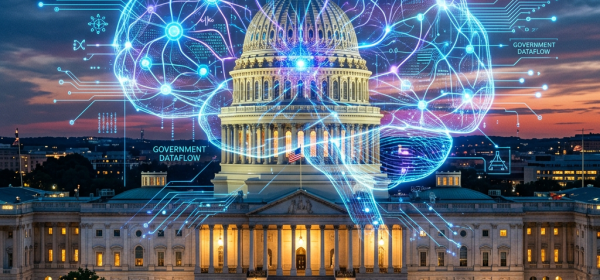 U.S. Capitol building with overlaid digital AI neural network and government data flow graphics