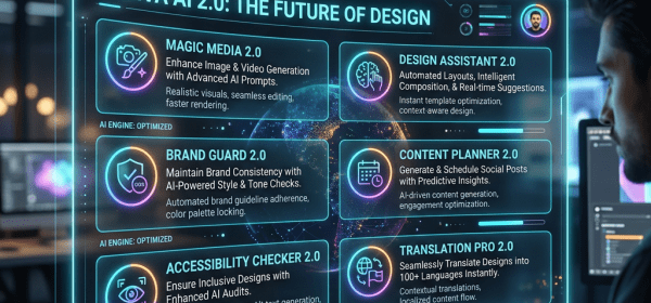 Overview of Canva AI 2.0 features including Magic Media 2.0, Design Assistant 2.0, Brand Guard 2.0, Content Planner 2.0, Accessibility Checker 2.0, and Translation Pro 2.0