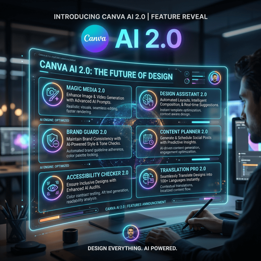 Overview of Canva AI 2.0 features including Magic Media 2.0, Design Assistant 2.0, Brand Guard 2.0, Content Planner 2.0, Accessibility Checker 2.0, and Translation Pro 2.0