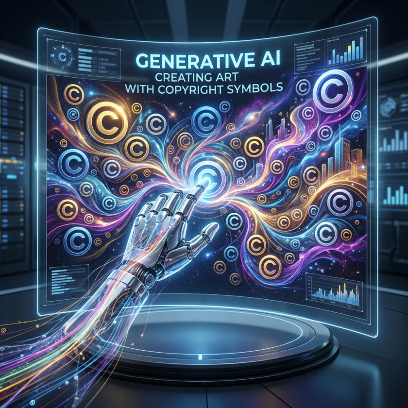Robotic hand touching holographic screen with generative AI art and copyright symbols