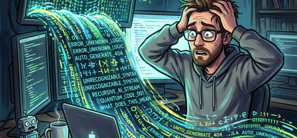 Stressed programmer holding his head with confused expression, surrounded by flowing AI code and error messages