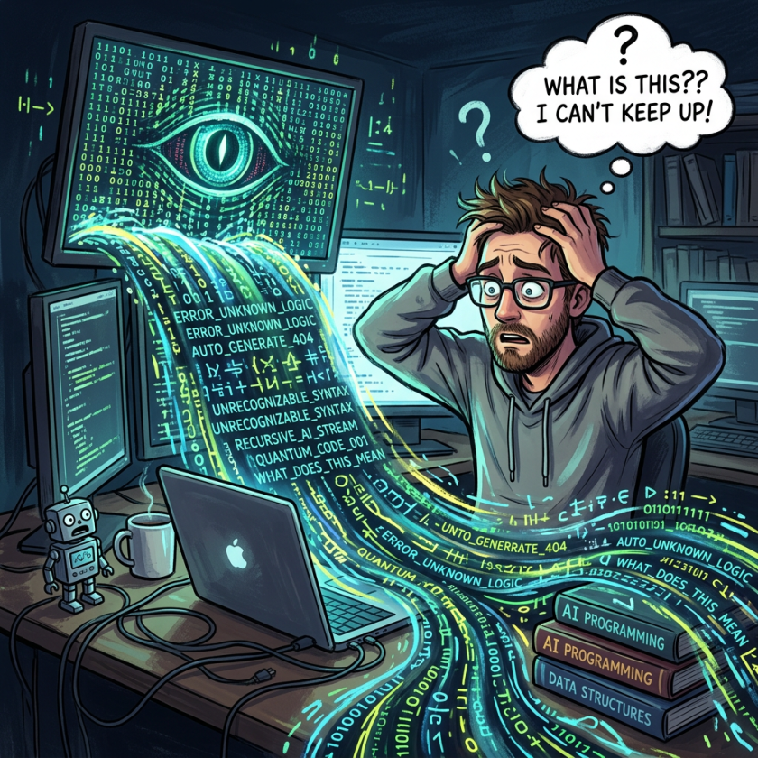 Stressed programmer holding his head with confused expression, surrounded by flowing AI code and error messages