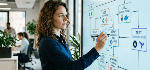 Woman pointing at full-stack DevOps workflow diagram on interactive screen