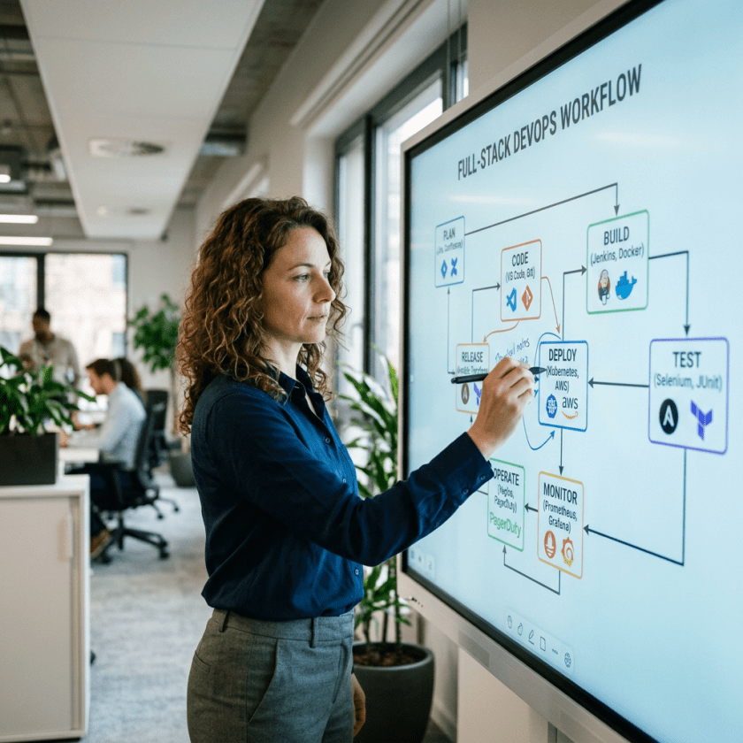 Woman pointing at full-stack DevOps workflow diagram on interactive screen