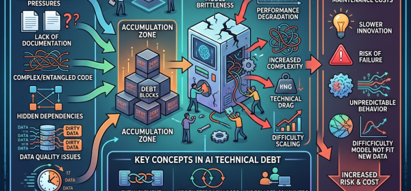 Infographic explaining AI technical debt with sources, system decay, consequences, key concepts, and mitigation strategies