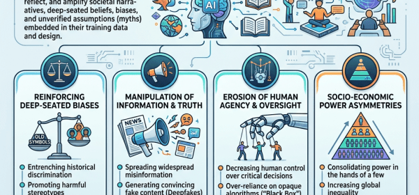 Infographic explaining mythos paradigm and AI risks including bias, misinformation, human oversight loss, and socio-economic power asymmetries