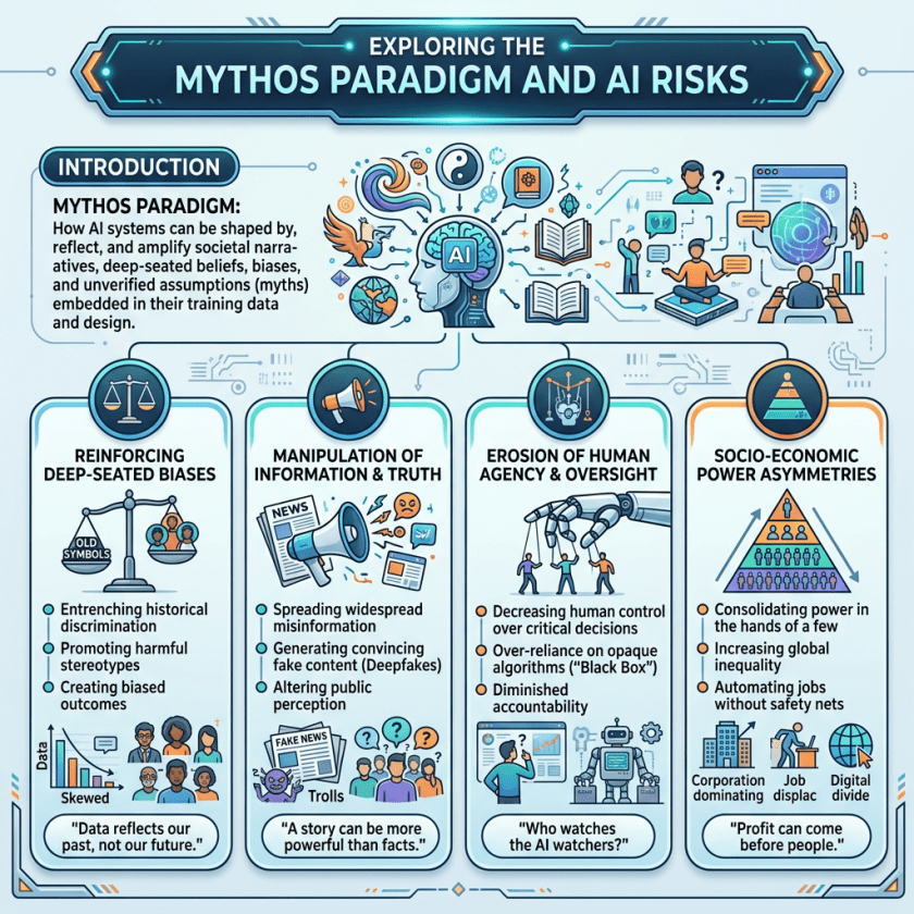 Infographic explaining mythos paradigm and AI risks including bias, misinformation, human oversight loss, and socio-economic power asymmetries