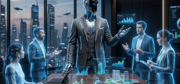 Humanoid robot presenting holographic charts and graphs to business professionals in a modern office.