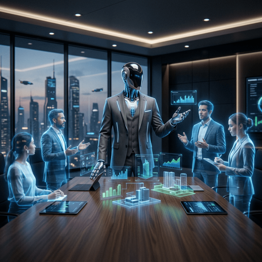 Humanoid robot presenting holographic charts and graphs to business professionals in a modern office.