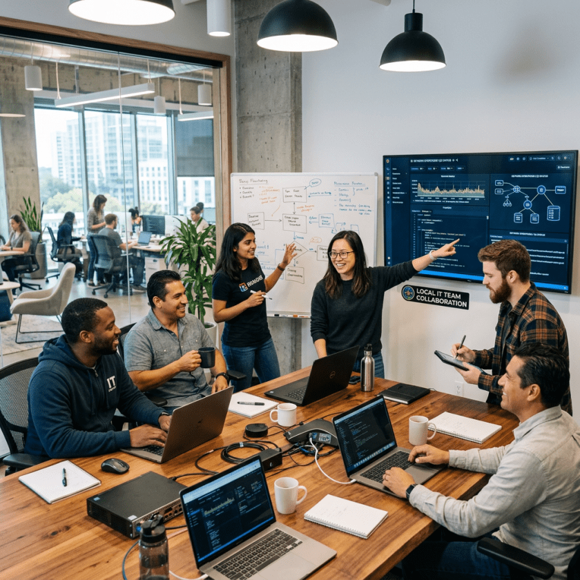 IT professionals collaborating in a meeting room with laptops, whiteboard, and a large monitor showing data and diagrams