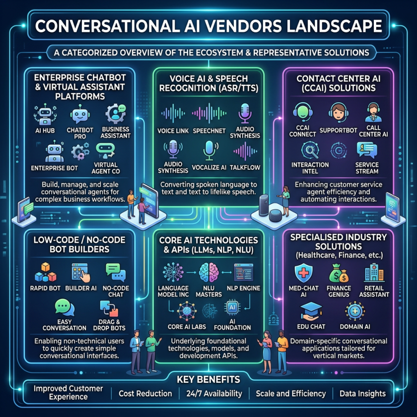 Diagram showing categories of conversational AI vendors and representative solutions including chatbots, voice recognition, contact center AI, bot builders, core AI technologies, and industry-specific solutions.
