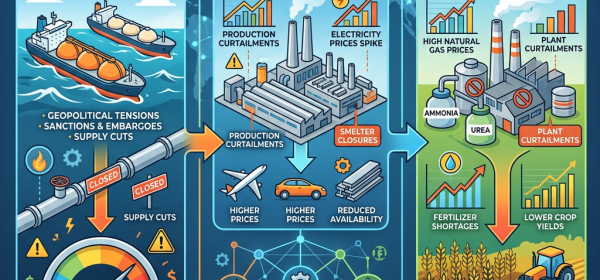 Infographic showing LNG supply shocks, aluminum industry impacts, fertilizer production crunch, and global economic consequences.
