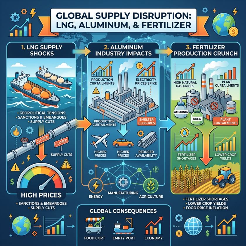 Infographic showing LNG supply shocks, aluminum industry impacts, fertilizer production crunch, and global economic consequences.