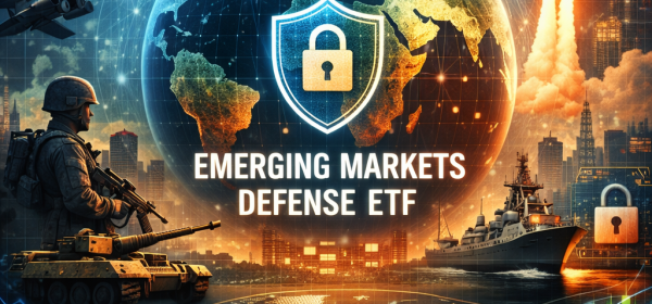 Globe with security shield, military equipment, and stock market graph for defense ETF