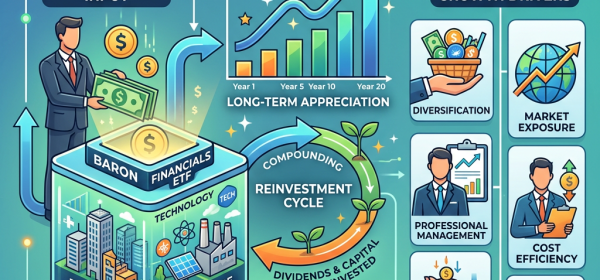 Diagram showing Baron Financials ETF growth with diversified portfolio, reinvestment cycle, and benefits