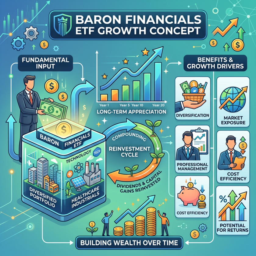Diagram showing Baron Financials ETF growth with diversified portfolio, reinvestment cycle, and benefits