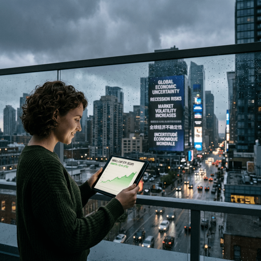 Woman holding tablet showing market growth graph with city background and economic uncertainty sign