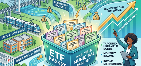 Diagram showing an ETF basket of high yield municipal bonds funding community projects and providing investor income