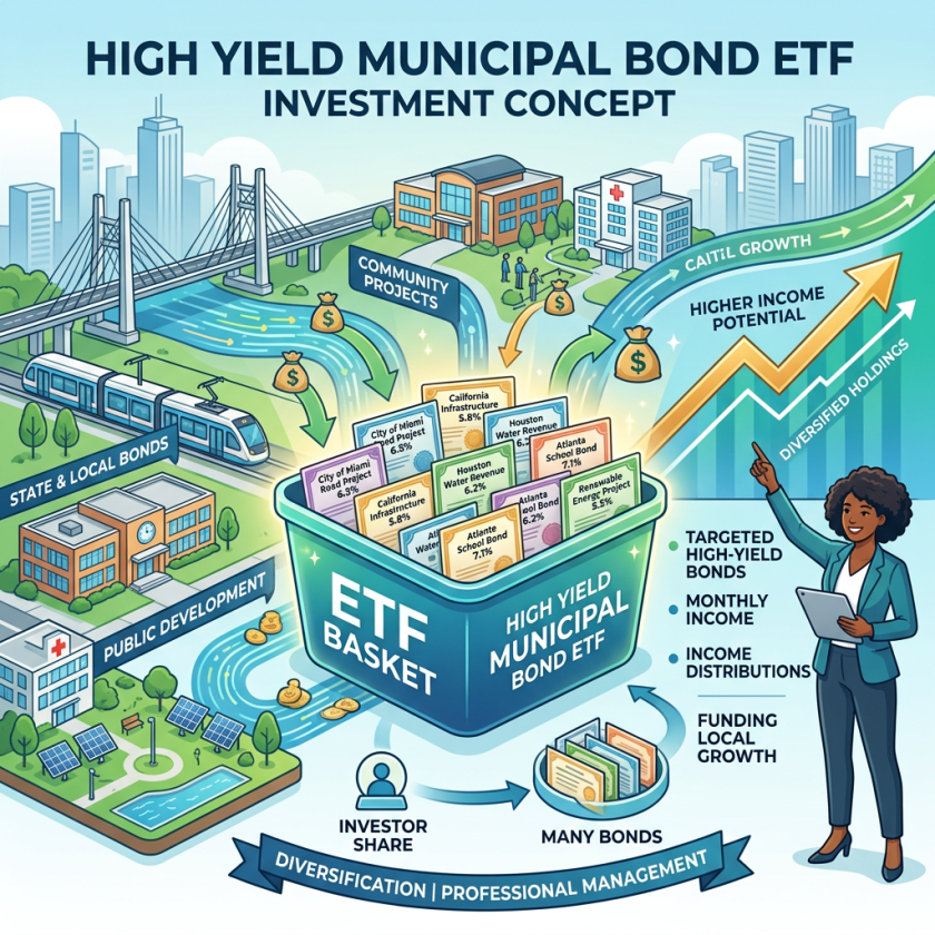 Diagram showing an ETF basket of high yield municipal bonds funding community projects and providing investor income