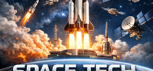 Rockets launching, satellites orbiting Earth, and space backdrop with 'Space Tech ETF Launch' text