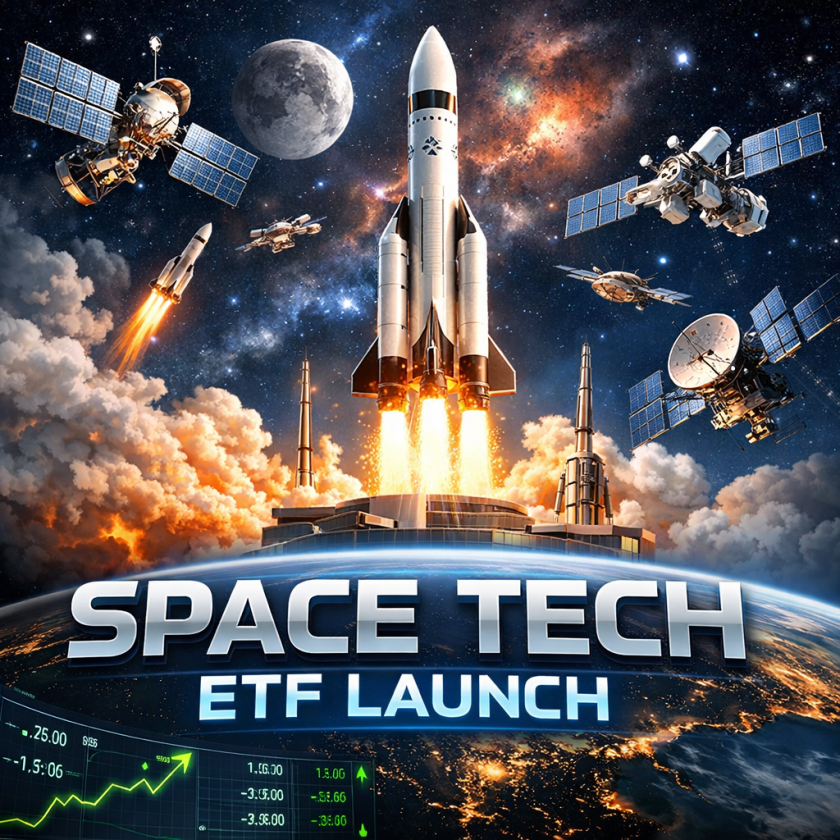 Rockets launching, satellites orbiting Earth, and space backdrop with 'Space Tech ETF Launch' text