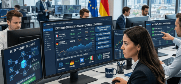 Trader analyzing tokenized securities and EU regulatory compliance on multiple monitors in office