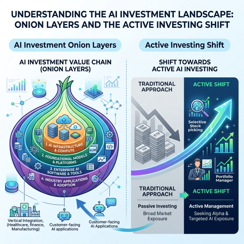 AI investment value chain as onion layers and shift from traditional to active AI investing with selective stock picking and portfolio management