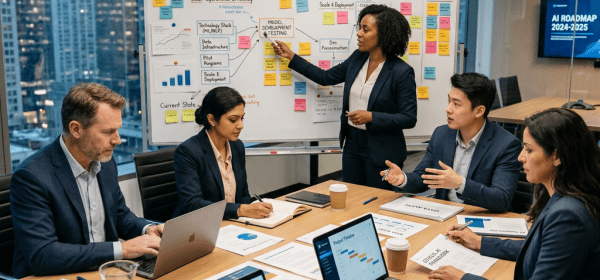 Team discussing AI strategy roadmap in modern office meeting room