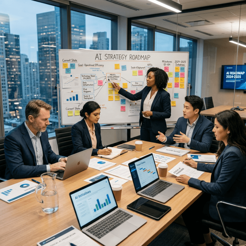 Team discussing AI strategy roadmap in modern office meeting room