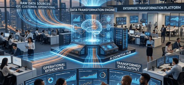 Business professionals analyzing AI-driven data transformation and operational efficiency on multiple screens
