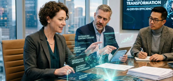 Three business professionals using AI-powered holographic displays for contract analysis and negotiation