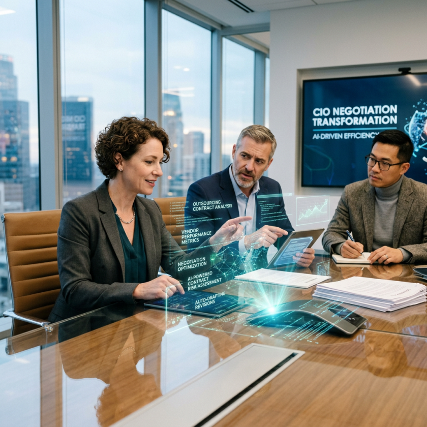 Three business professionals using AI-powered holographic displays for contract analysis and negotiation