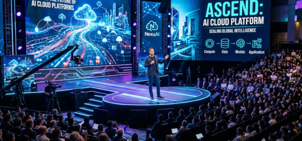 Speaker on stage at AI cloud platform conference with large screens and audience