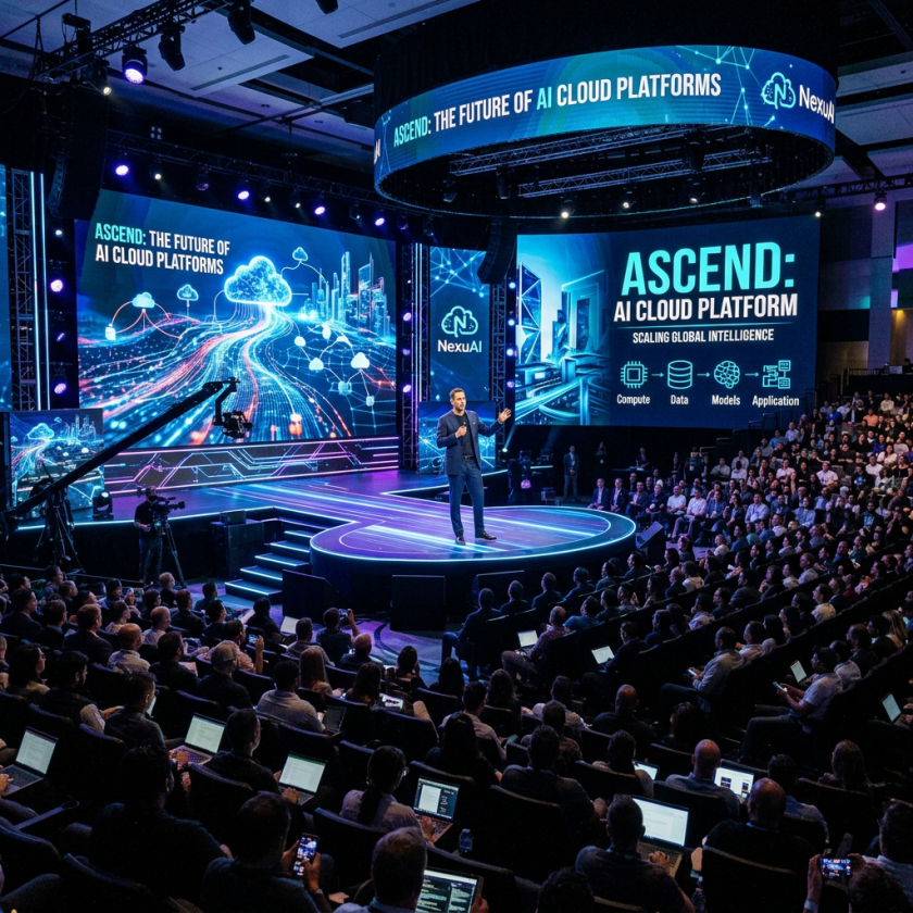Speaker on stage at AI cloud platform conference with large screens and audience