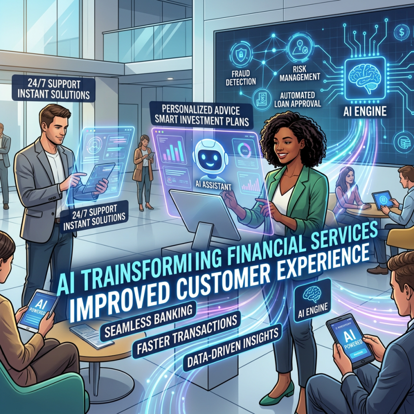 People interacting with AI-powered financial services including instant support, personalized advice, and AI engine integration