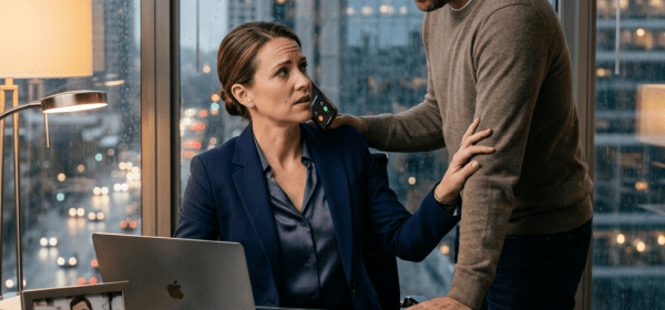 Woman executive seated at desk on phone, man standing beside her with supportive gesture