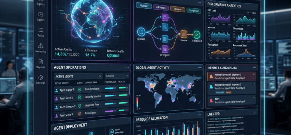 Dashboard showing AI system status, task pipeline, global activity, performance analytics, and resource allocation