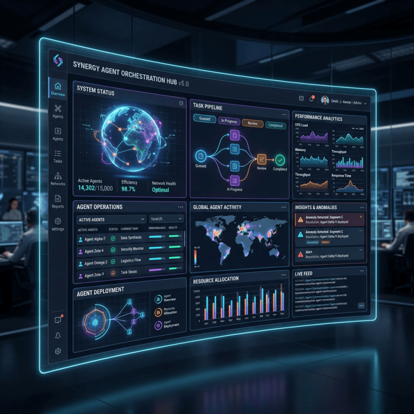 Dashboard showing AI system status, task pipeline, global activity, performance analytics, and resource allocation
