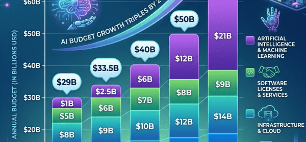 Bar chart showing IT budget allocation from 2021 to 2025 with rising costs in AI, software licenses, infrastructure, and core IT operations