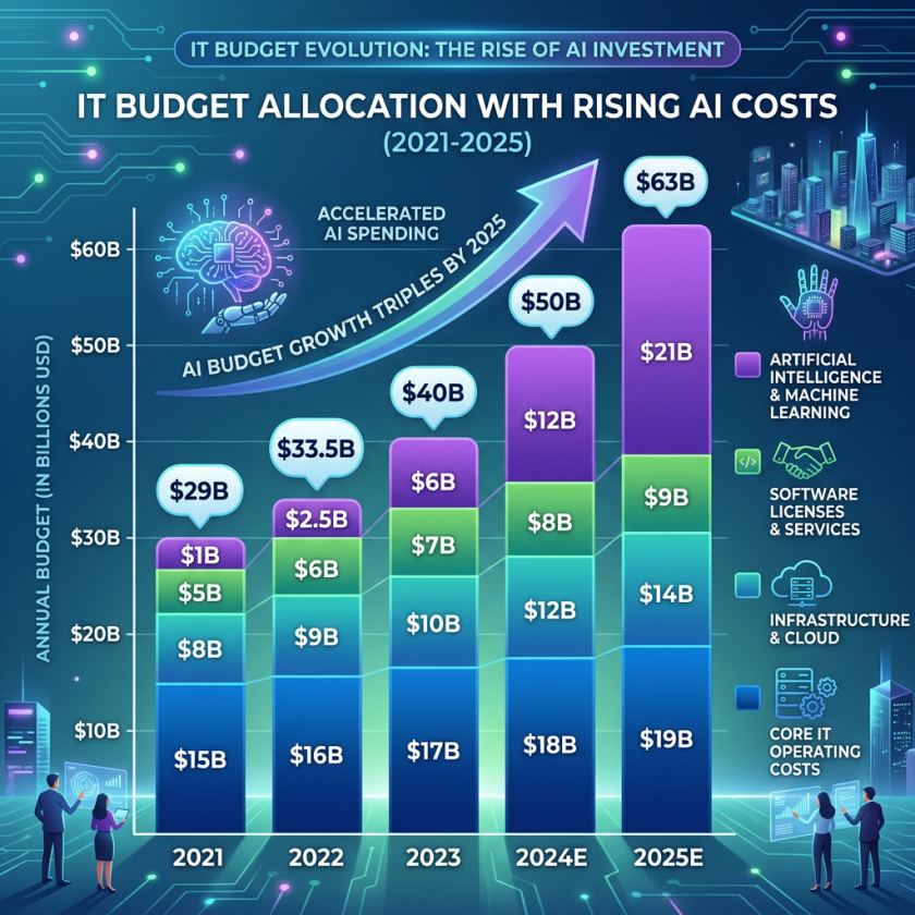 Bar chart showing IT budget allocation from 2021 to 2025 with rising costs in AI, software licenses, infrastructure, and core IT operations