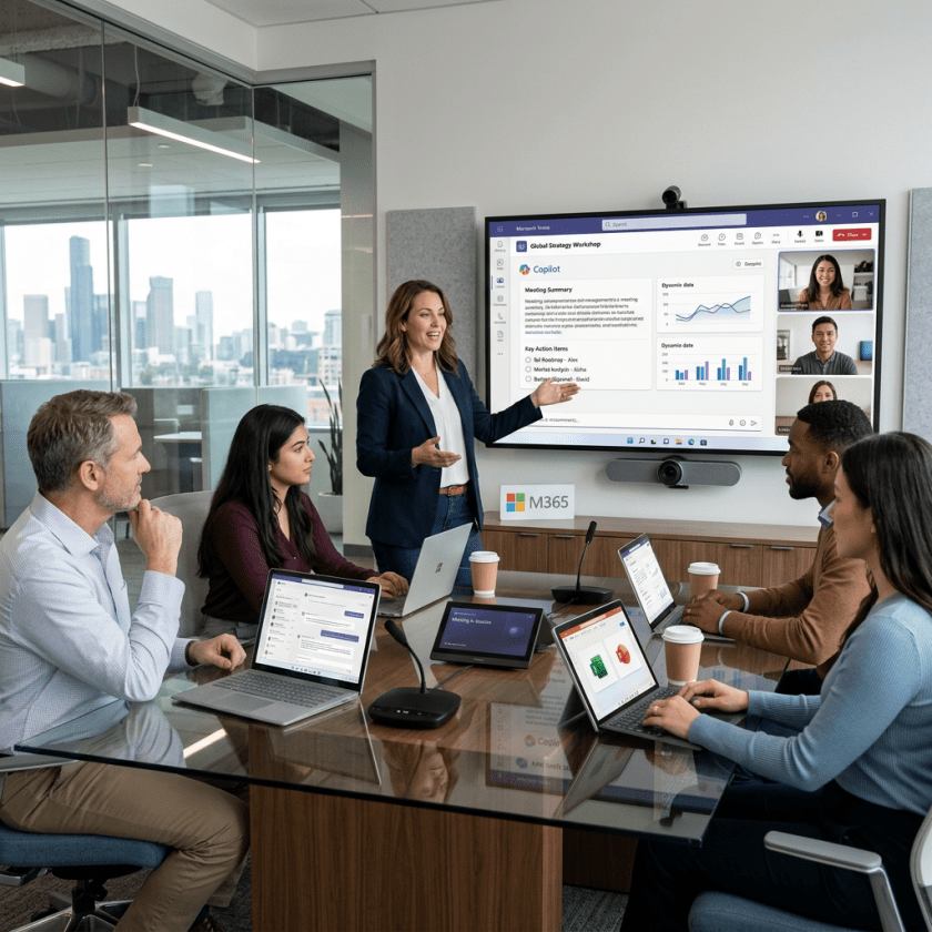 People collaborating in a conference room with laptops and a screen showing a Microsoft Teams meeting and strategy data